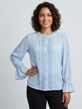 Karl Lagerfeld Bell Sleeve Embroidered Button Up Blouse